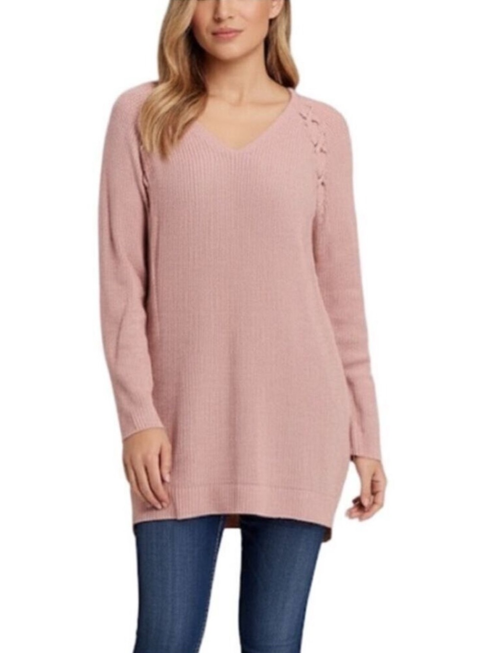 A.N.A Sweater Cotton V Neck Lace Up Shoulder Blush Pink XS